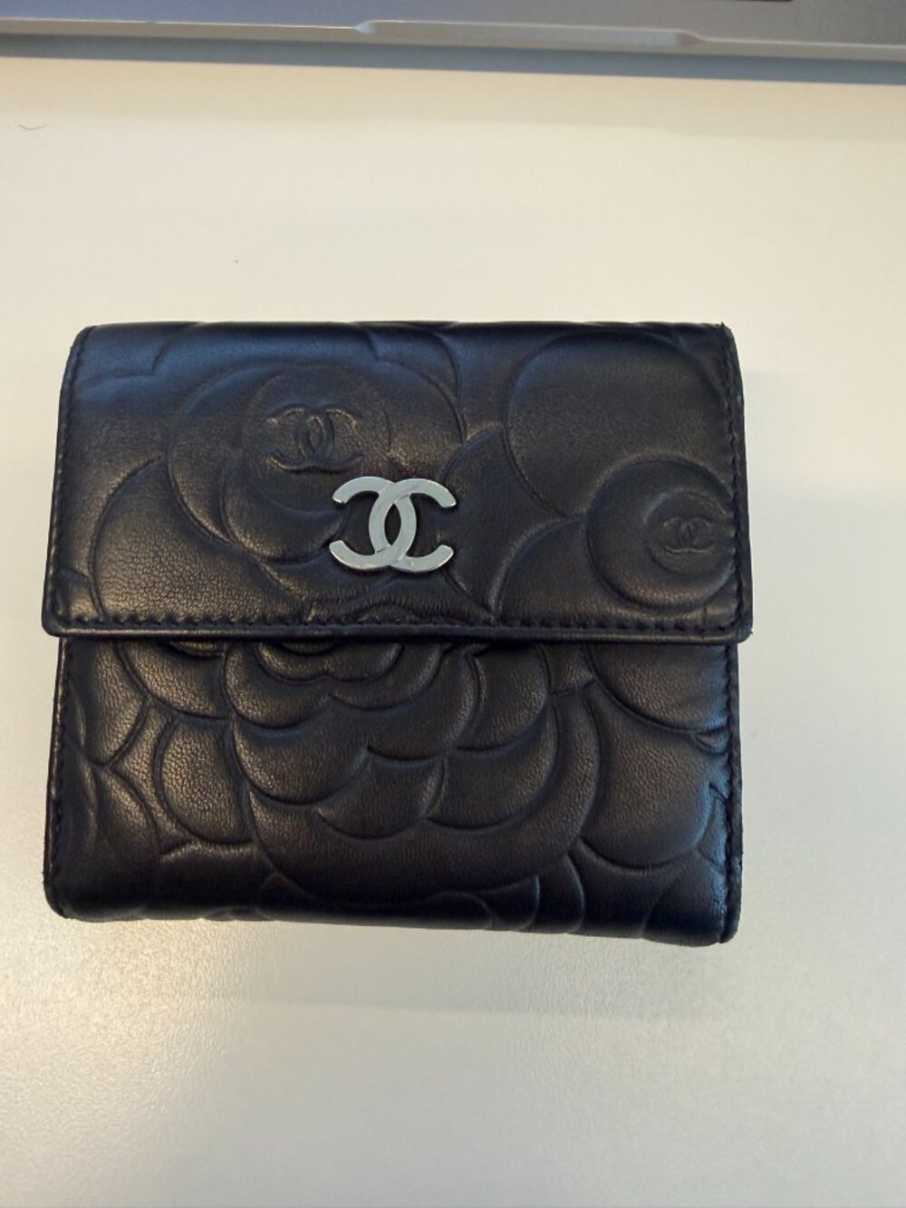 Chanel Black Camellia Embossed Bifold Wallet – Silver Hardware